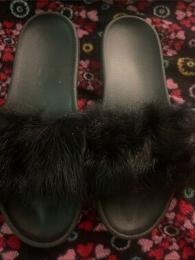 UGG Black Faux Fur Slide Slippers